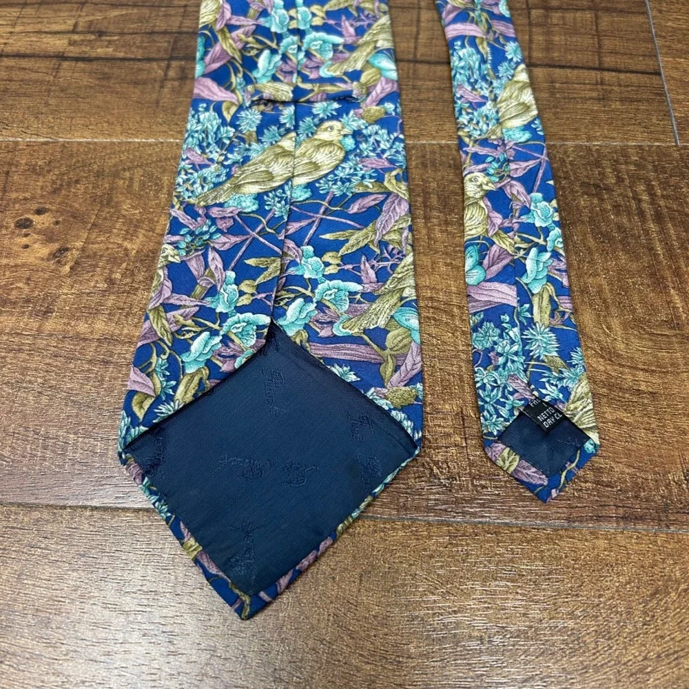 Tie Rack Mens Blue Bird and Butterfly Pattern Silk Necktie